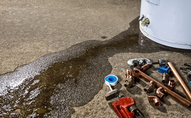 leaking water heater with plumbing repair tools