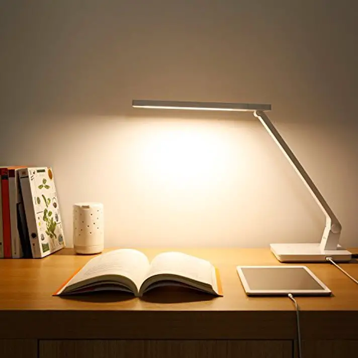 study desk with warm lighting