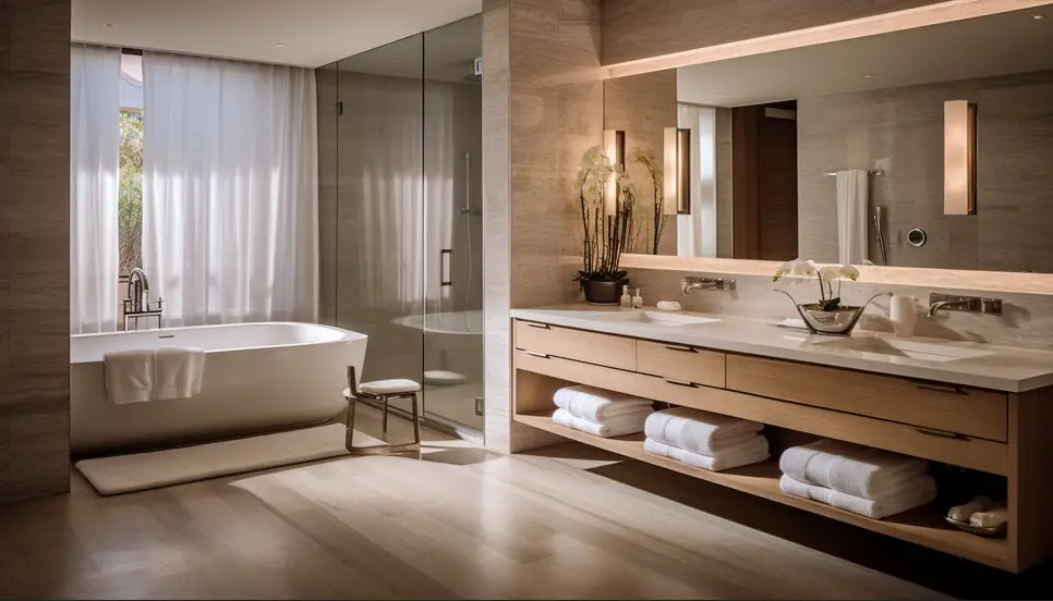 Design the bathrooms as serene sanctuaries with spacious tubs walk-in showers high-end fixtures and luxurious bathrobes and towels