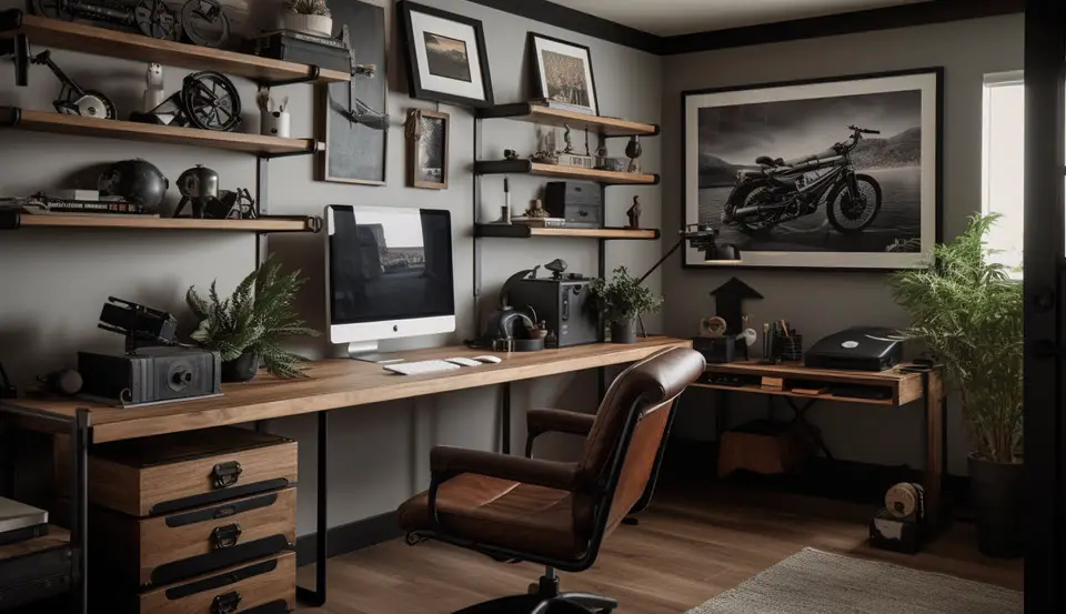 Extravagant home office with custom-built shelving, sophisticated furniture, and advanced technology