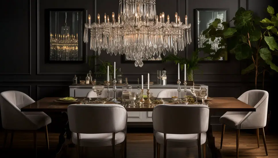 Opulent dining area for a luxurious dining experience with a designer dining table fine china and exquisite glassware